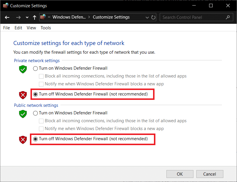 Clique em Desativar o Firewall do Windows Defender (não recomendado) | Corrigir erro de atualização do Windows 10 0x8007042c
