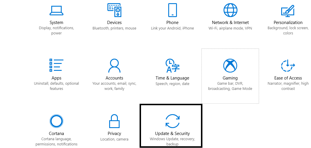 Нажмите «Обновление и безопасность» в разделе «Настройки окна» / «Исправить исключение прерывания, не обработанное», ошибка Windows 10.