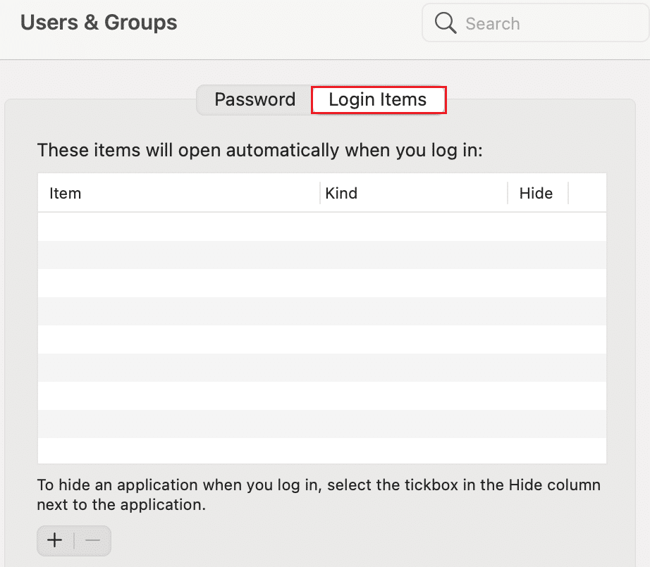 Haga clic en Usuarios y grupos y seleccione Elementos de inicio de sesión | Solucionar problemas de macOS Big Sur