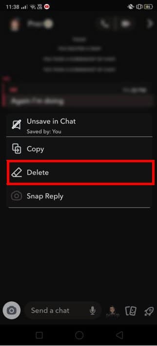 Click on a text and long press to view the Delete option. | Unsend A Snap On Snapchat