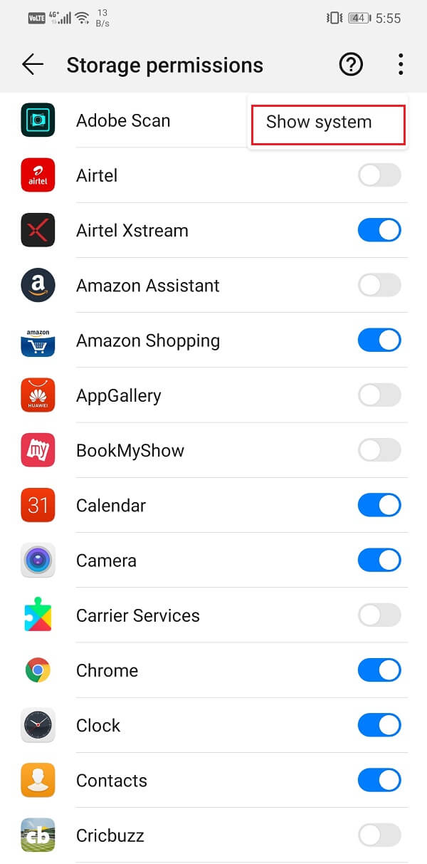 Click on it and select the “Show system” | Fix Google Calendar not syncing on Android