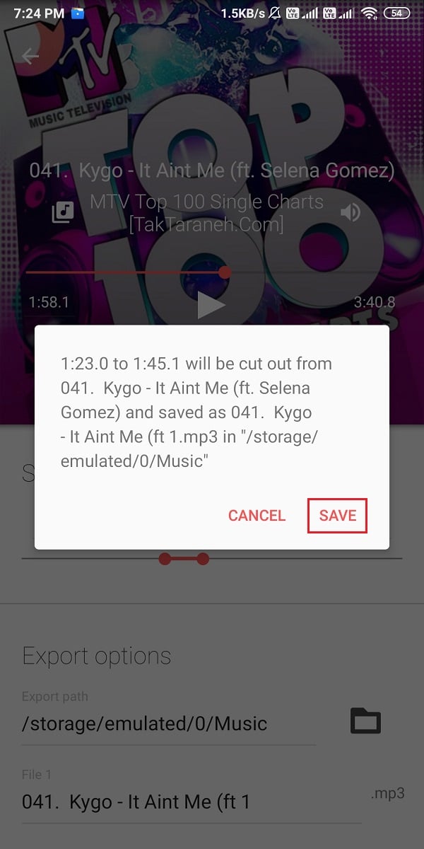 Click on save, and the audio file will save to the location | Make a YouTube song as your Ringtone on Android