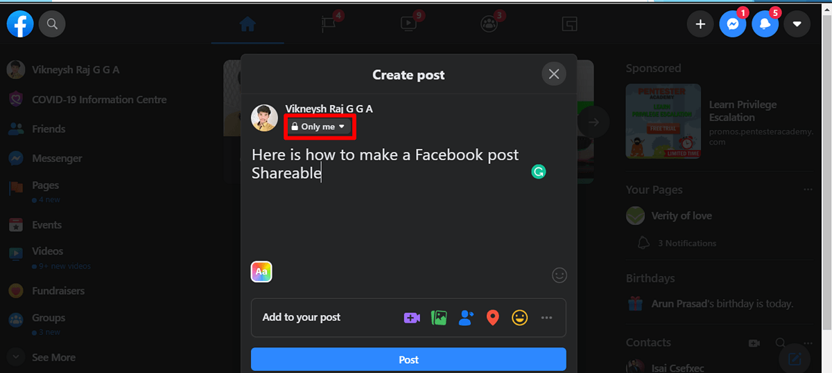 Click on that option to alter the Privacy Setting of the post | How to Make a Facebook Post Shareable?