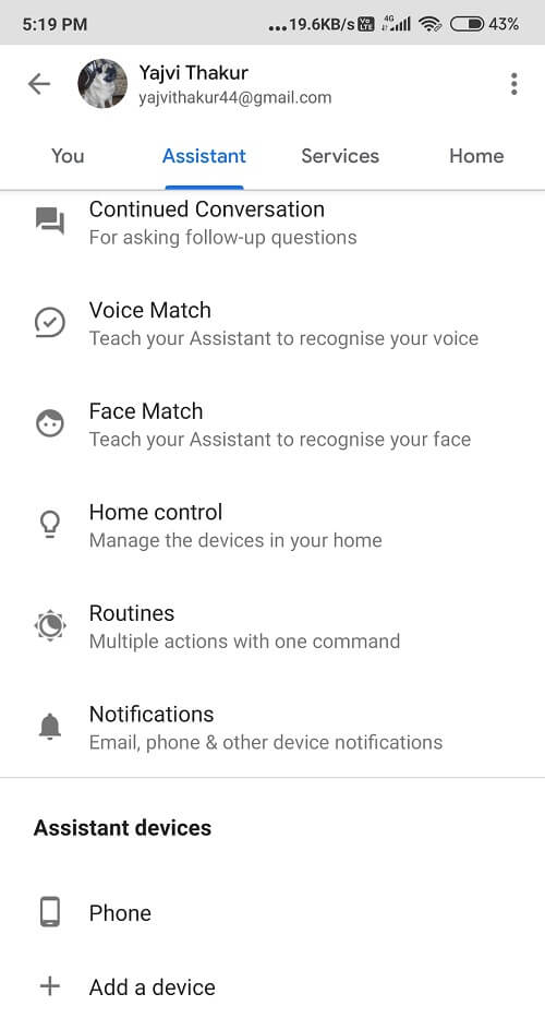 Click on the Assistant tab and then select Phone (your device name)