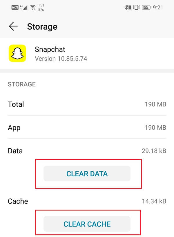 Click on the Clear Cache and Clear Data buttons | Fix Snapchat Not Loading Snaps
