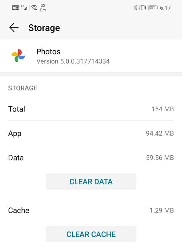 Noklikšķiniet uz attiecīgās pogas Notīrīt kešatmiņu un Notīrīt datus pakalpojumā Google fotoattēli