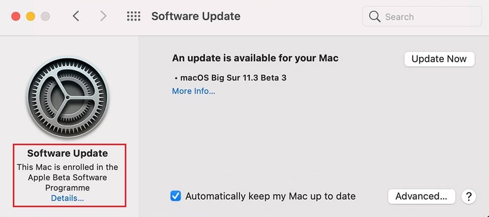 Click on the Details option located under This Mac is enrolled in the Apple Beta Software Program