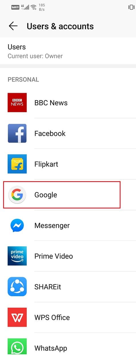 Click on the Google option | Fix Gmail Notifications Not Working On Android