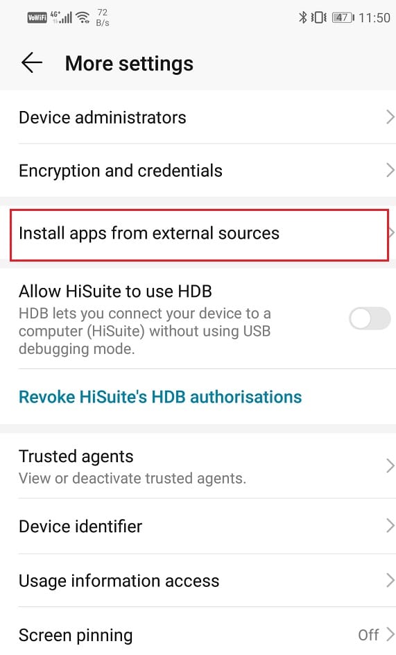 Click on the Install apps from external sources option