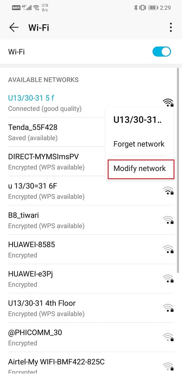 Click on the Modify Network option