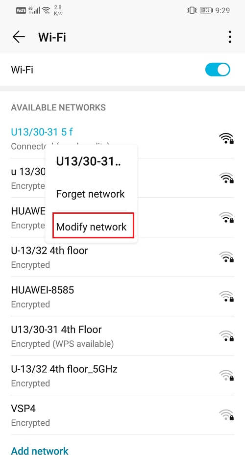 Click on the Modify Network option