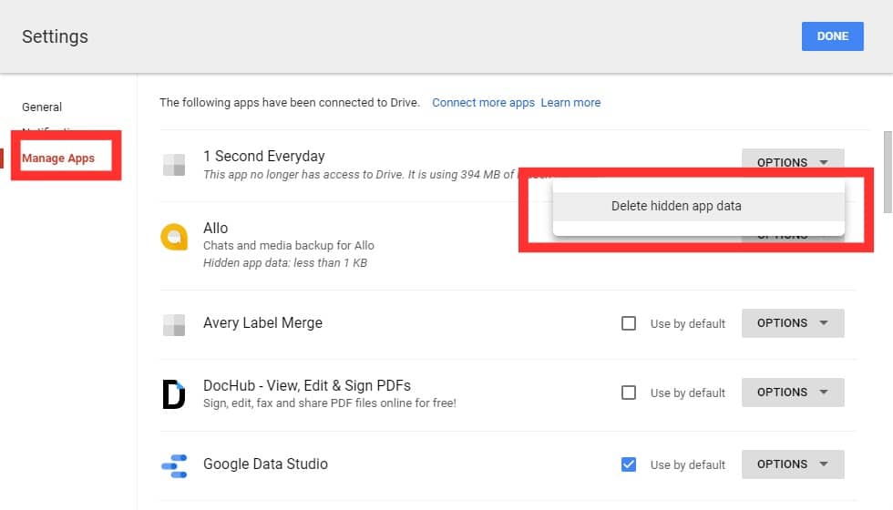 Click on the 'Options' button and pick 'Delete hidden app data', | How to Get Unlimited Storage on Google Photos