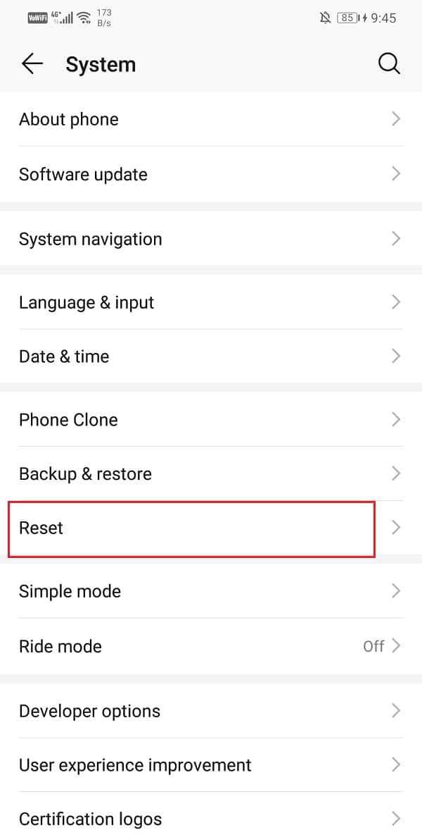 Click on the Reset tab