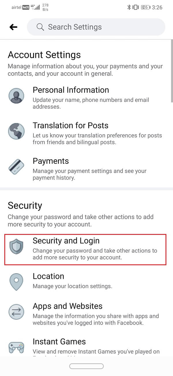 Click on the Security and Login option | How to log out of Facebook Messenger