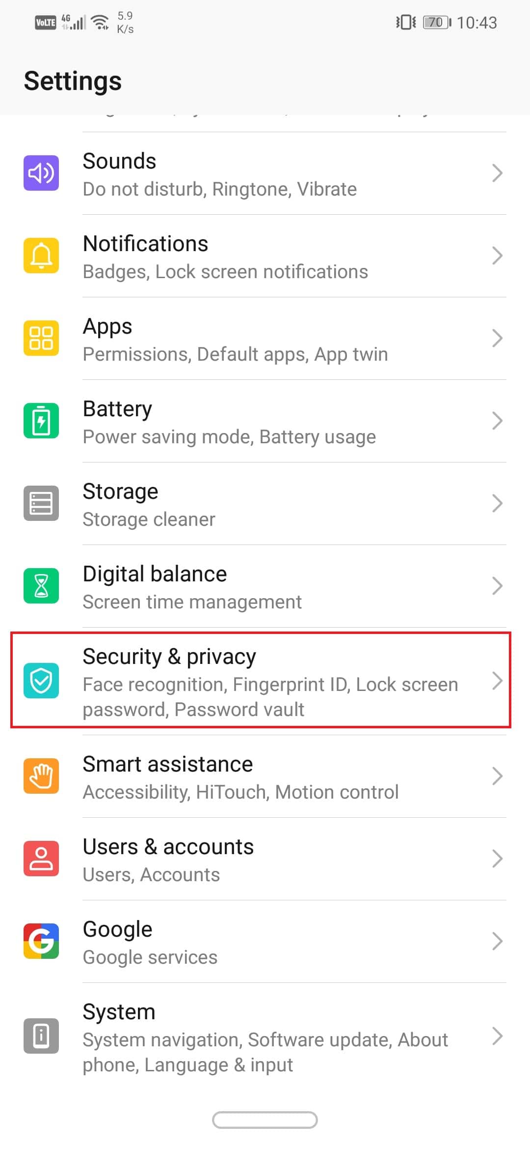 Click on the Security and Privacy option. | hide files, photos, and videos on Android