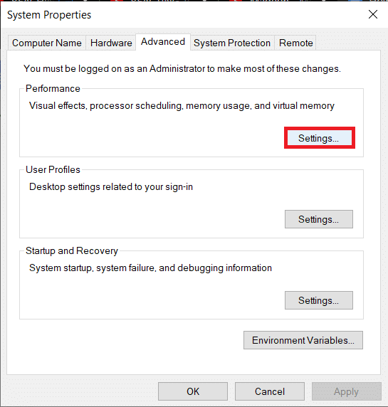 Нажмите кнопку «Настройки…» под значком «Производительность / Отключить тень рабочего стола» в Windows 10.