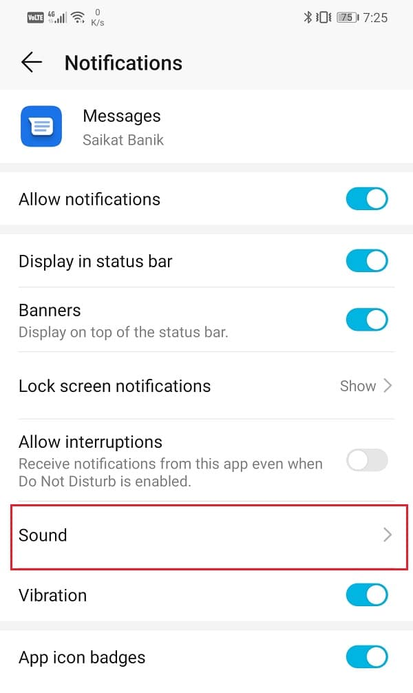 Click on the Sound option | Set Custom Text Message Ringtone on Android
