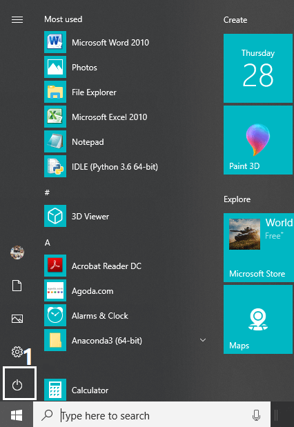 Click on the Start menu and then click on the Power button available at the bottom left corner
