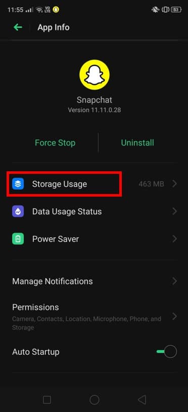 Click on the Storage Usage option present here | Fix Snapchat Camera Not Working 