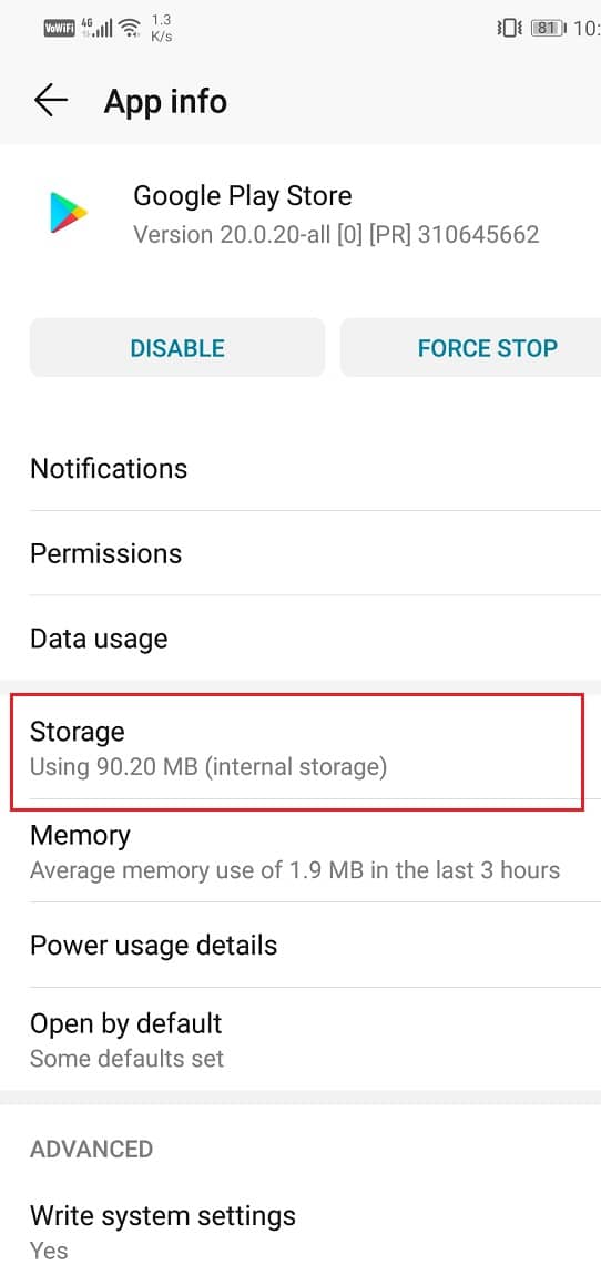 Click on the Storage option | Download and install the Google Play Store
