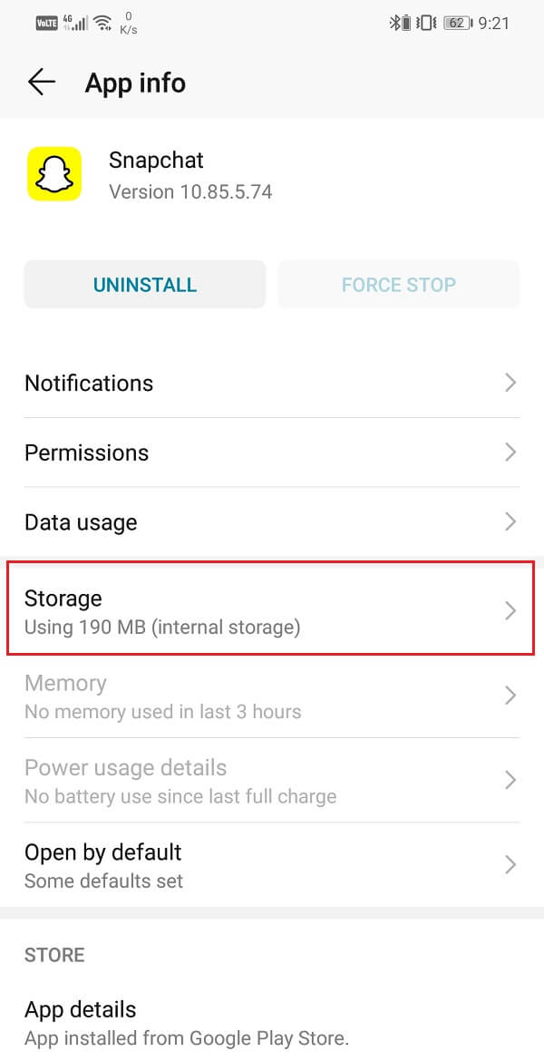 Click on the Storage option of Snapchat