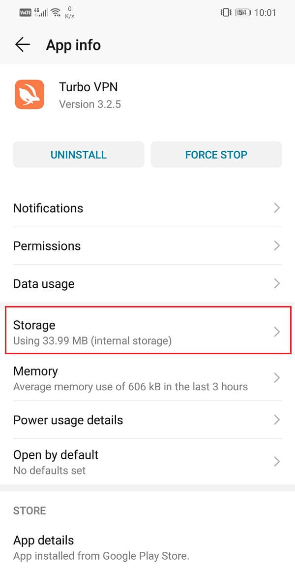 Click on the Storage option of VPN app