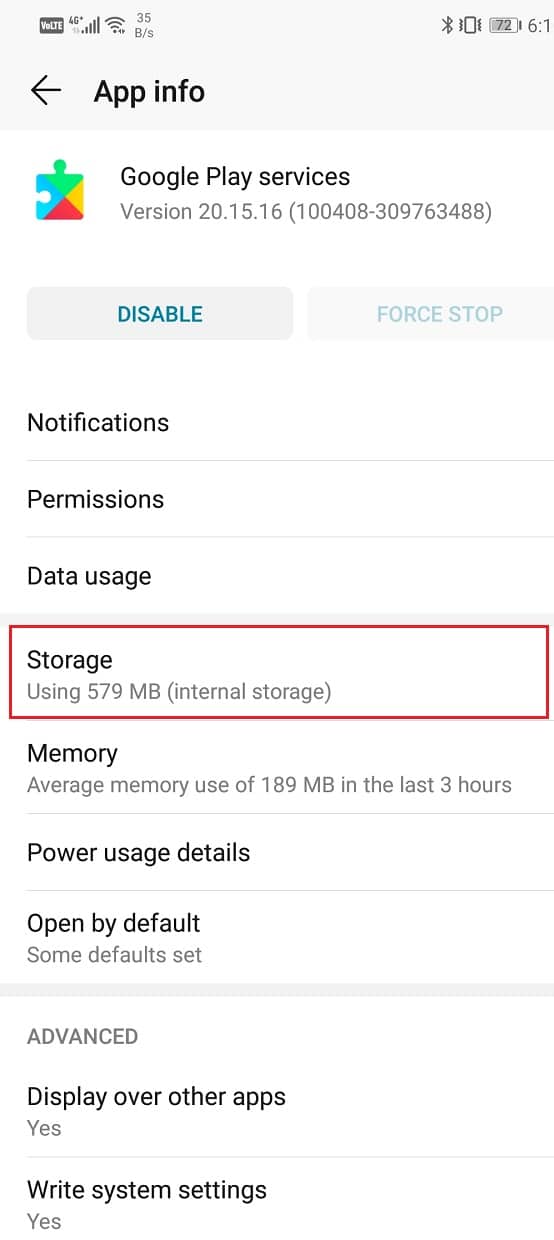 Click on the Storage option under Google Play Services