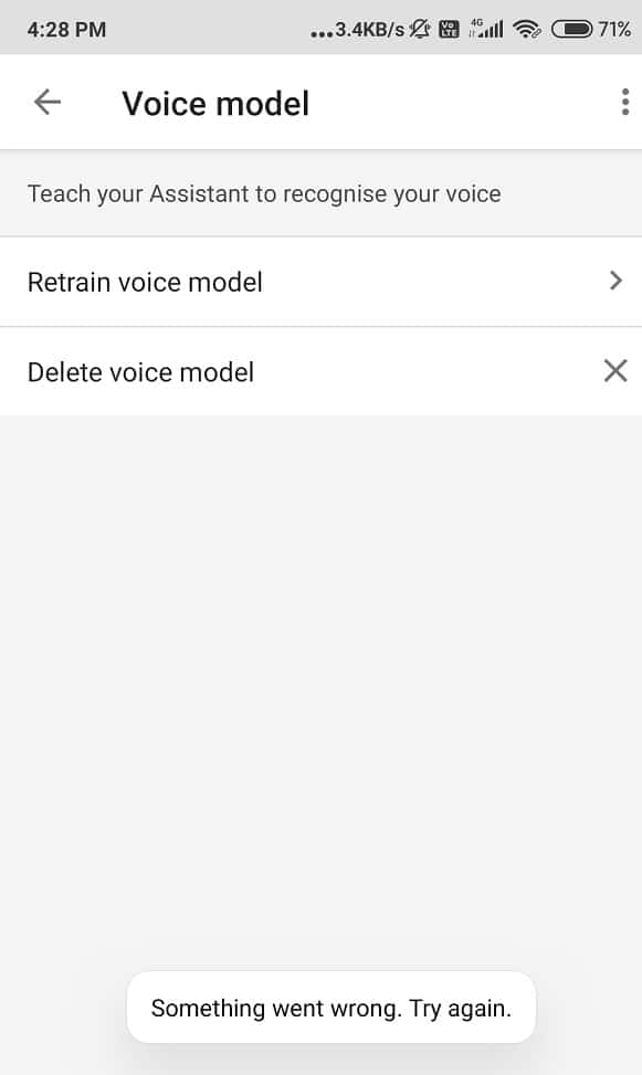 Click on the Teach your Assistant your voice again option and then press Retrain for confirmation