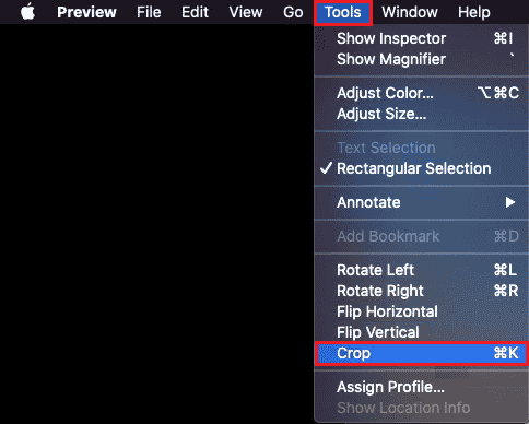 Click on the Tools option. From the drop-down menu, click on Crop