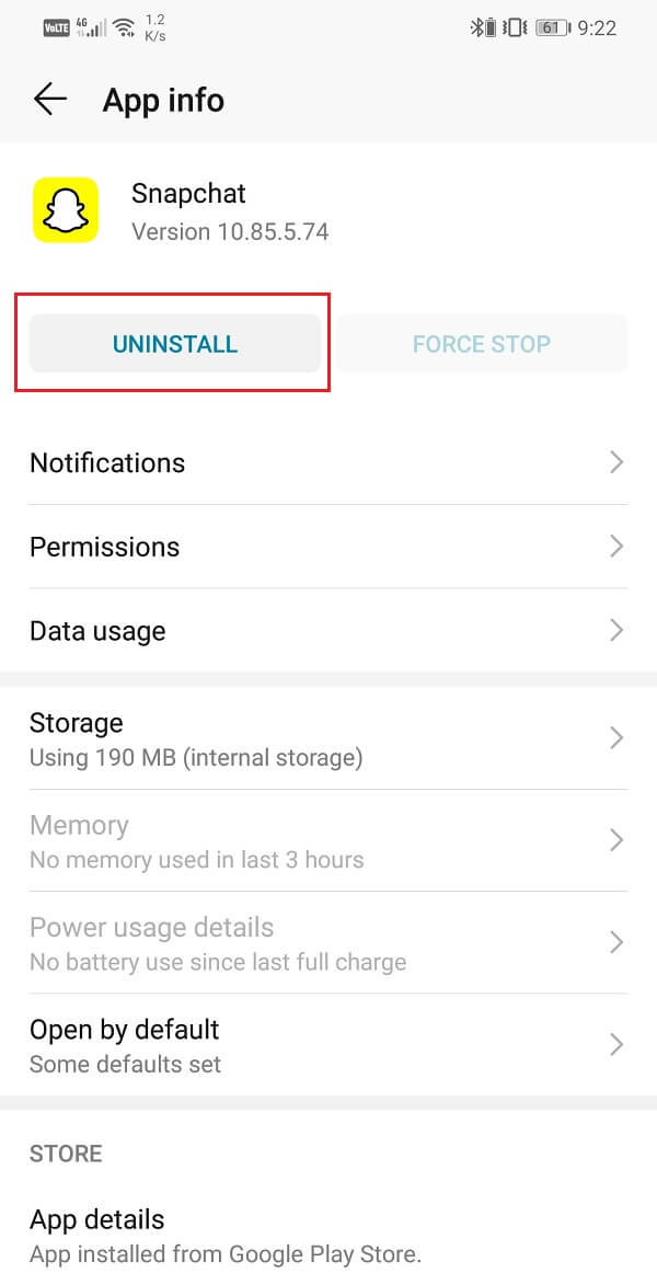 Click on the Uninstall button | Fix Snapchat lags or crashing issue on Android