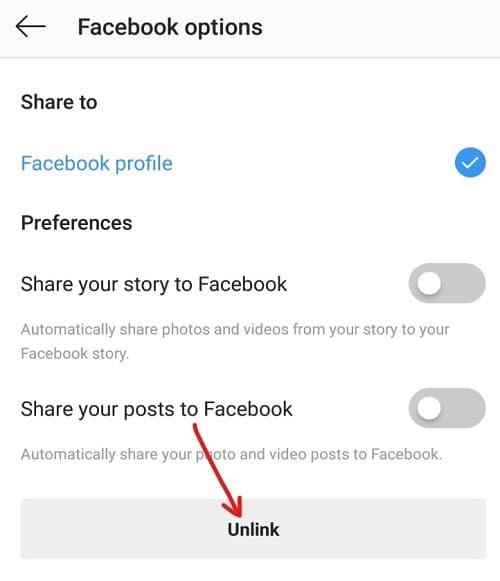 Click on the Unlink button under Facebook option