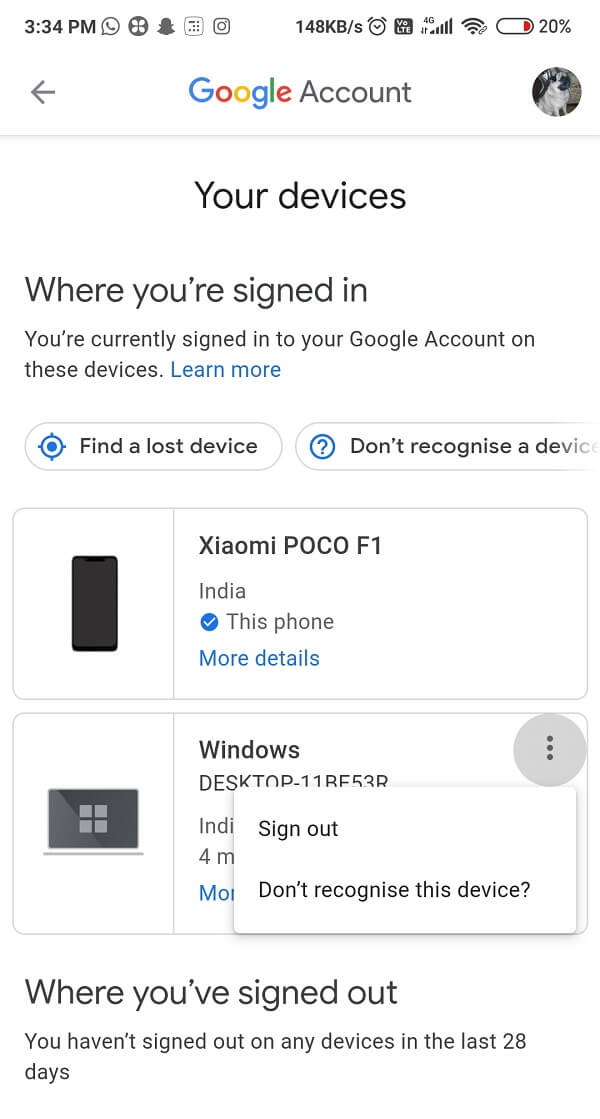 Click on the three dots menu icon on the pane of the device | Remove Your Old Or Unused Android Device From Google