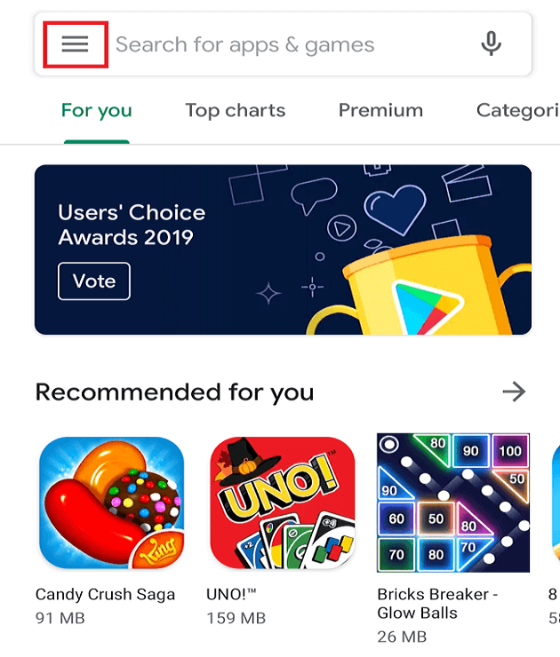 Click on the three lines icon available at the top left corner of Play Store