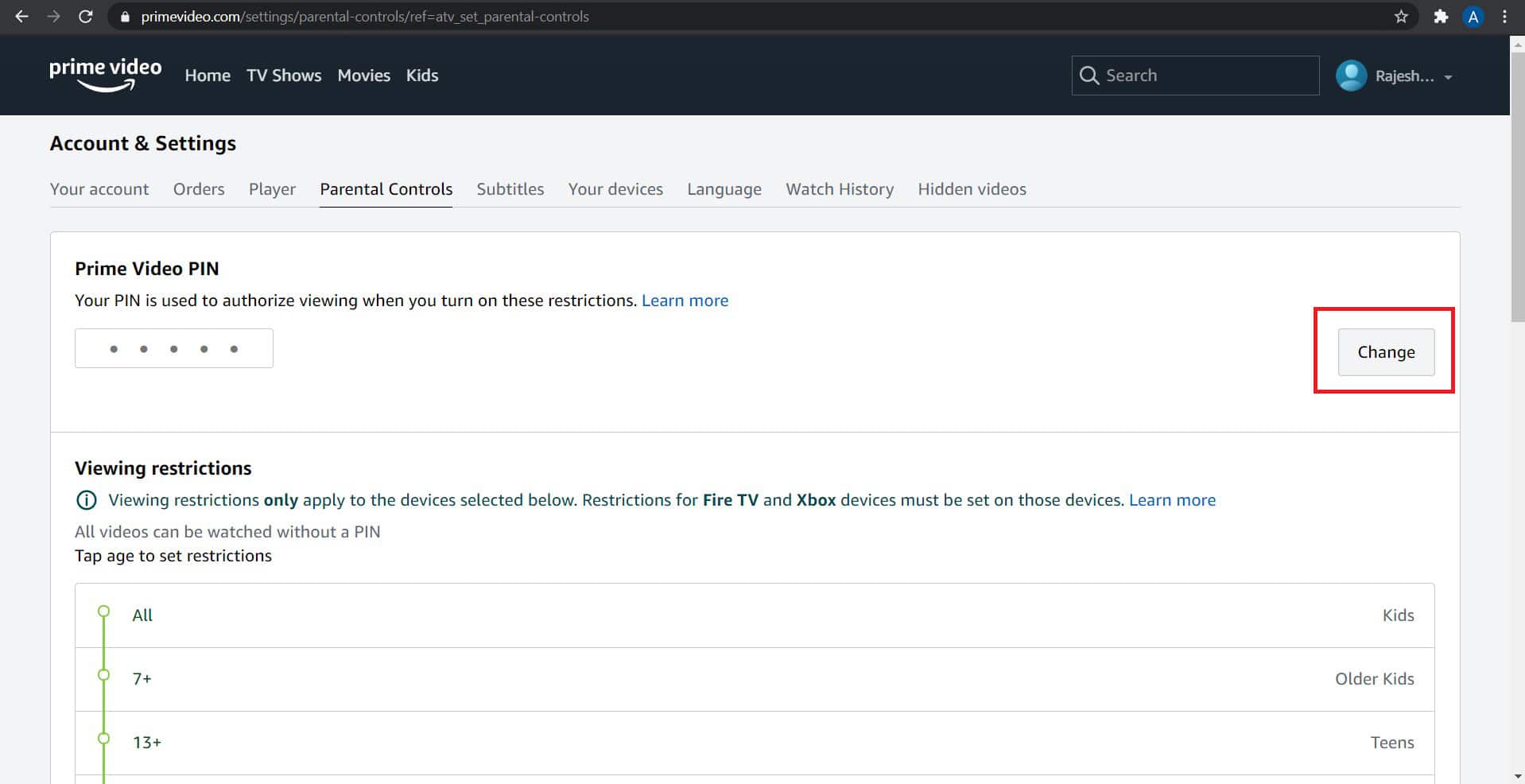 Click on the ‘change’ next to the text box | How to Reset Amazon Prime Video Pin