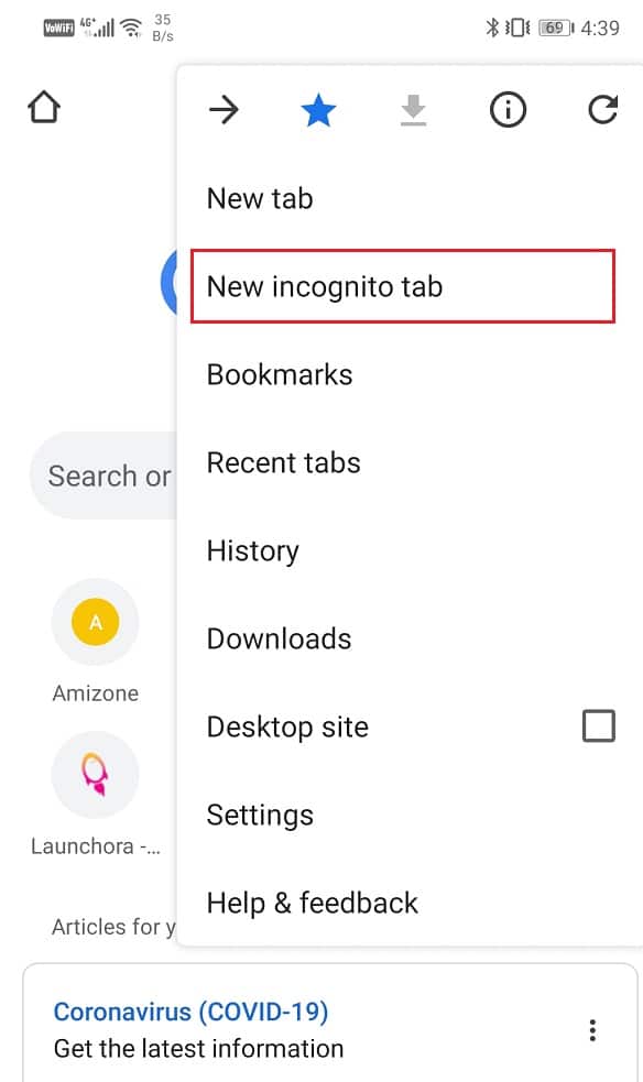 Click on the “New incognito tab” option