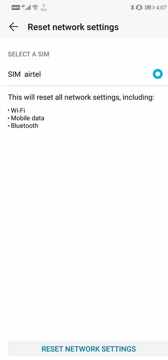 Click on the “Reset Network Settings” option | Fix Internet May not be Available Error on Android