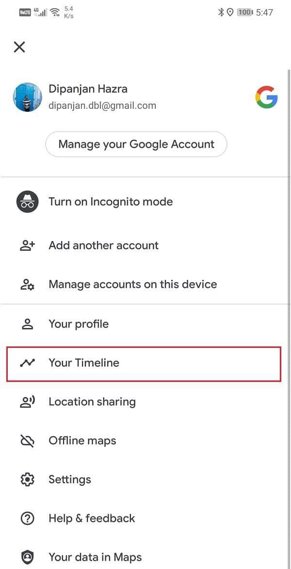 Click on the “Your timeline” option | View Location History in Google Maps