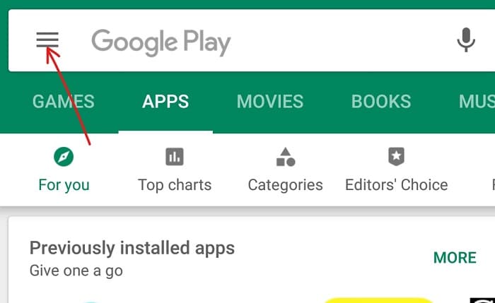 Click on three lines icon available on the top left corner of the Playstore