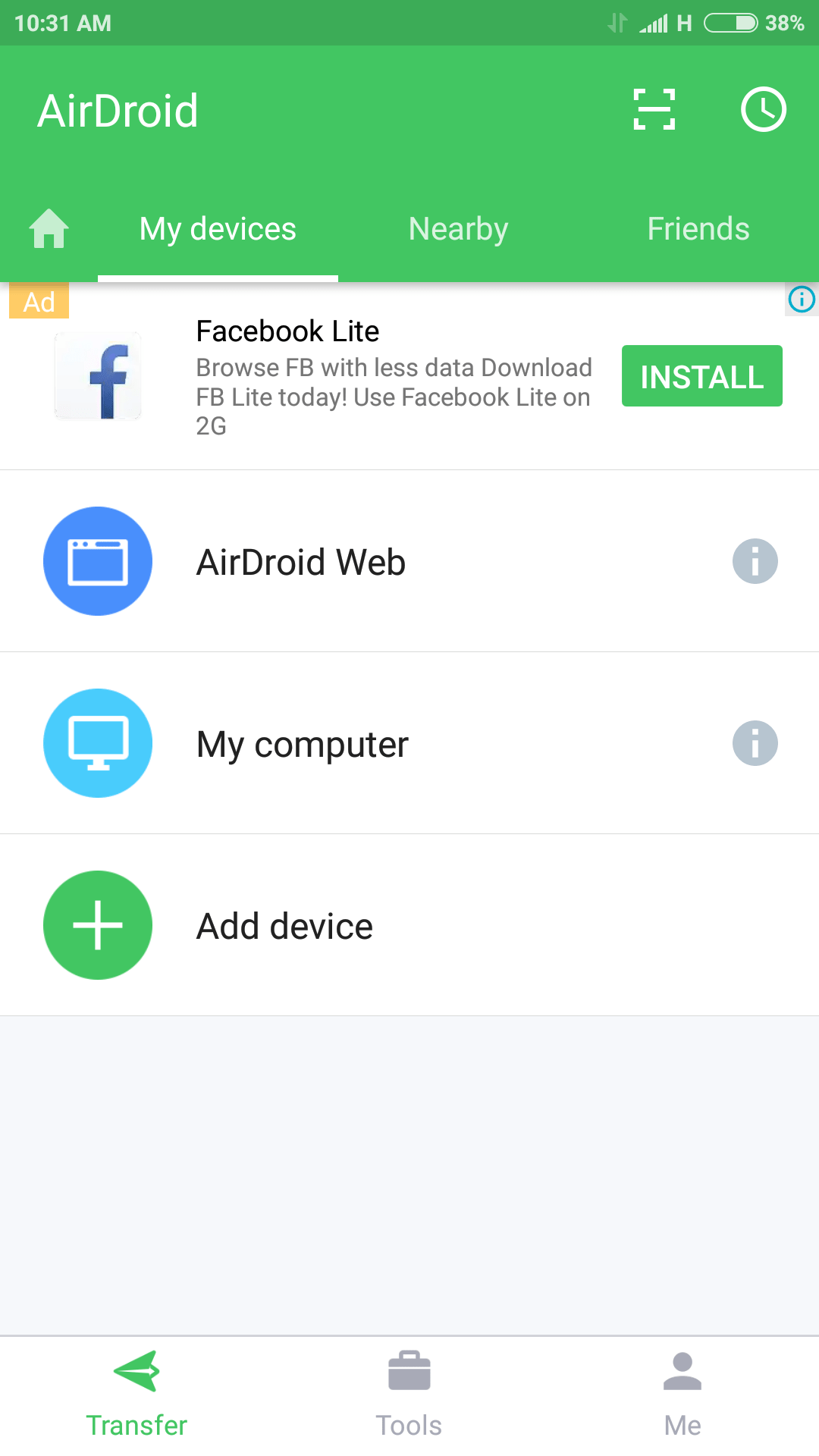 Click on transfer button in the app and select AirDroid Web option