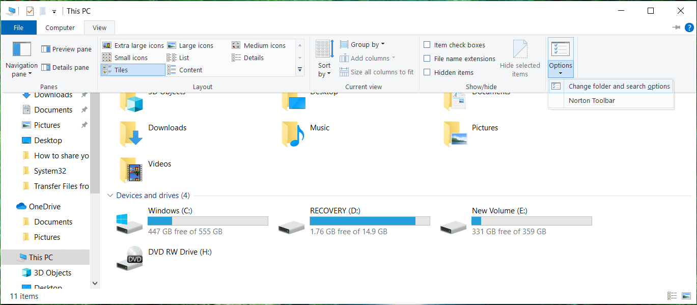 Click on view and select Options | Fix File Explorer Crashing Issue in Windows 10