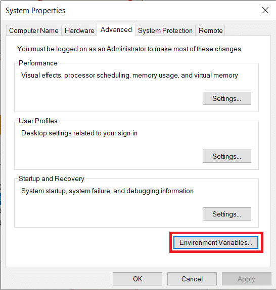 Click on ‘Environmental Variables...’ at the bottom right of the advanced system properties dialog box