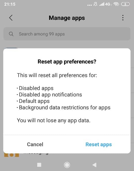 Click on ‘Reset apps’ to confirm