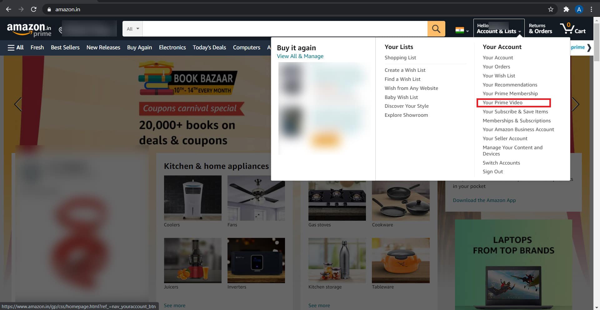 Click on ‘Your Prime Video’ to open your Amazon Prime Video account