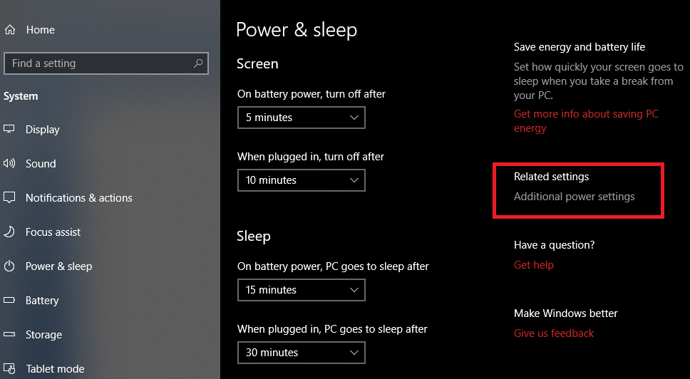 Click on “Additional power settings” link from the right window pane
