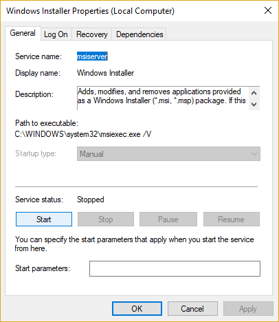 Click Start if the Windows Installer service is not already running