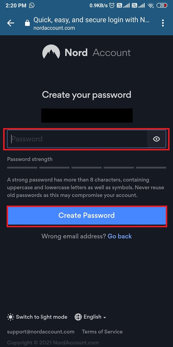 Create a strong password for your Nord account and tap on create password.  | How to hide your IP Address on Android