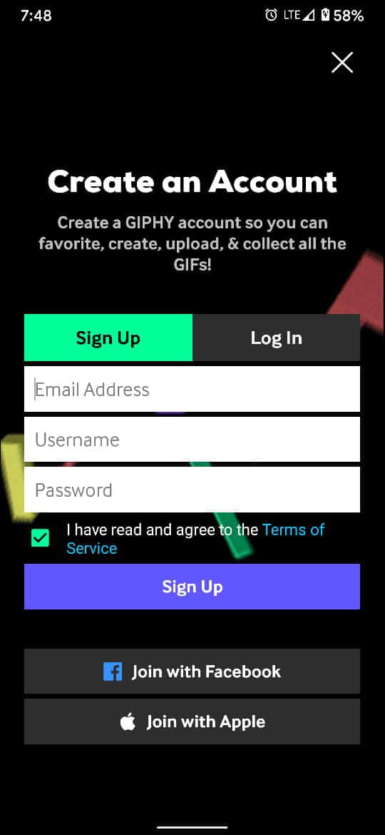 Create an account and Sign-up to get the best out of the app | How to Send GIF on Android