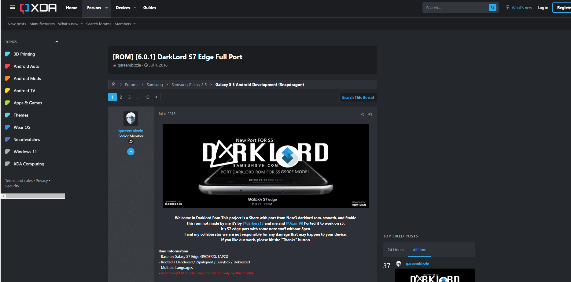 Página de desenvolvedores DarkLord S7 Edge Full Port xda. Melhores ROMs personalizadas do Galaxy Note 3