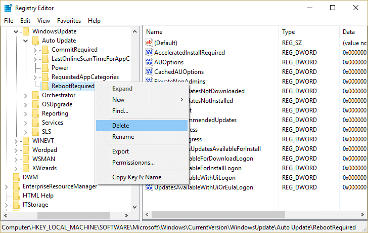 Удалите ключ RebootRequired, чтобы исправить. Перезагрузите компьютер, чтобы установить цикл важных обновлений.