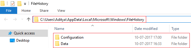 Delete contents of Configuration and Data Folder under FileHistory Folder